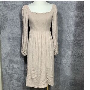 NLT Smocked Midi Dress WomensMedium Tan Polka Dot Square Neck Long Sleeve ND7263